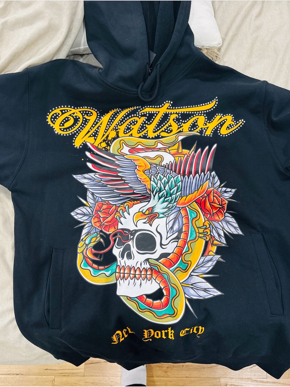 Watson NYC skull and snake rhinestone heavyweight hoodie